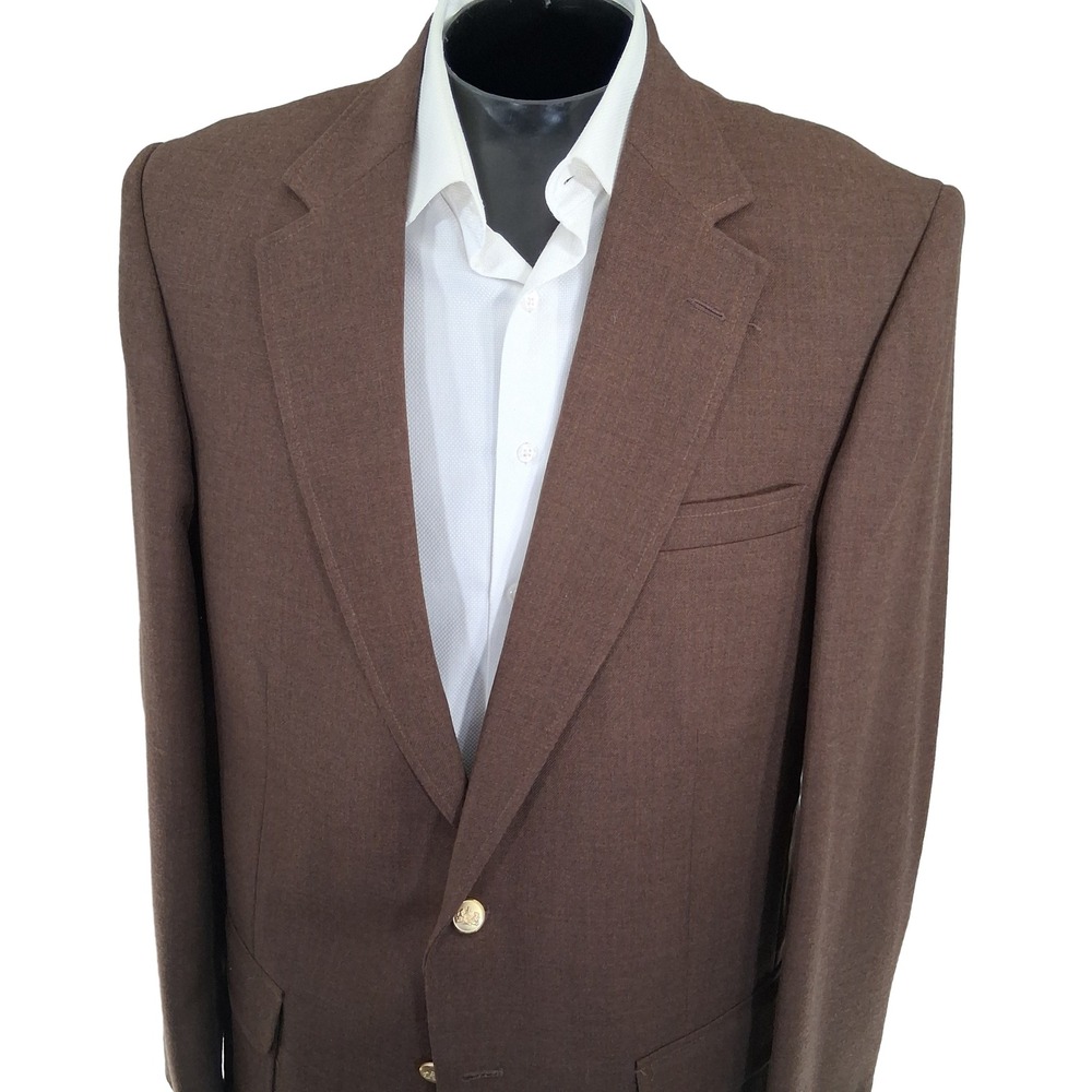 Stafford Blazer 44XT Solid Brown Classic Gold Crest Button Sport Coat Vintage